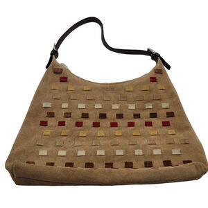 Prune Womens Shoulder Bag Suede weave Inner Pocket Leather Strap tan purse